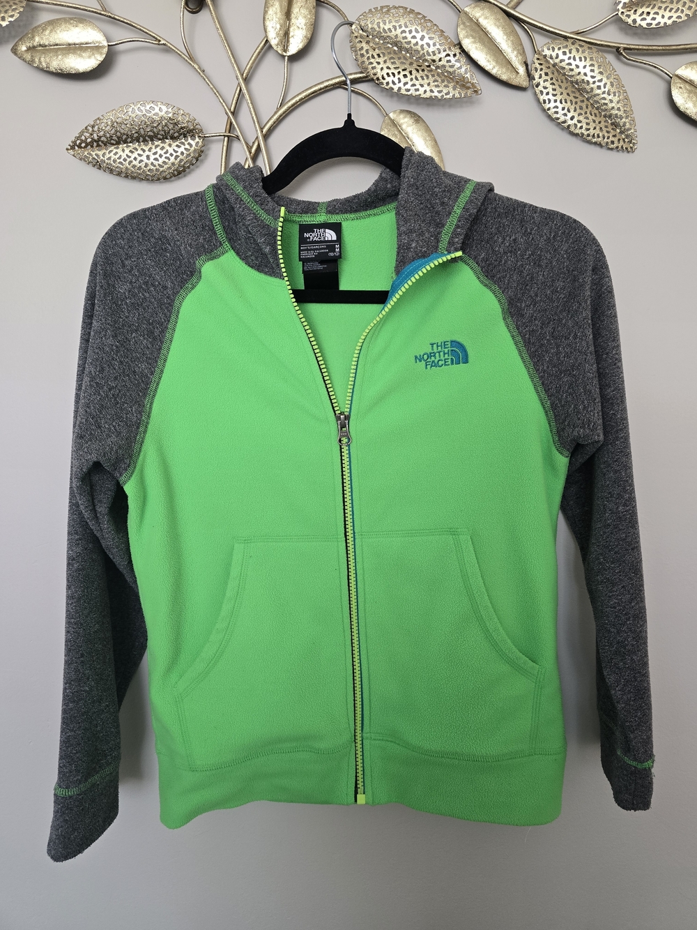The North Face Kids Green and Gray Full Zip Hooded Sweatshirt Fleece 10-12 Years